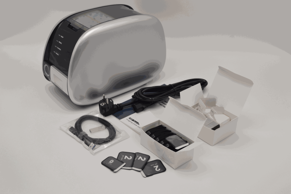 IDEN-CR01 package contents — scanner, power cord, USB cable, image plates, accessories