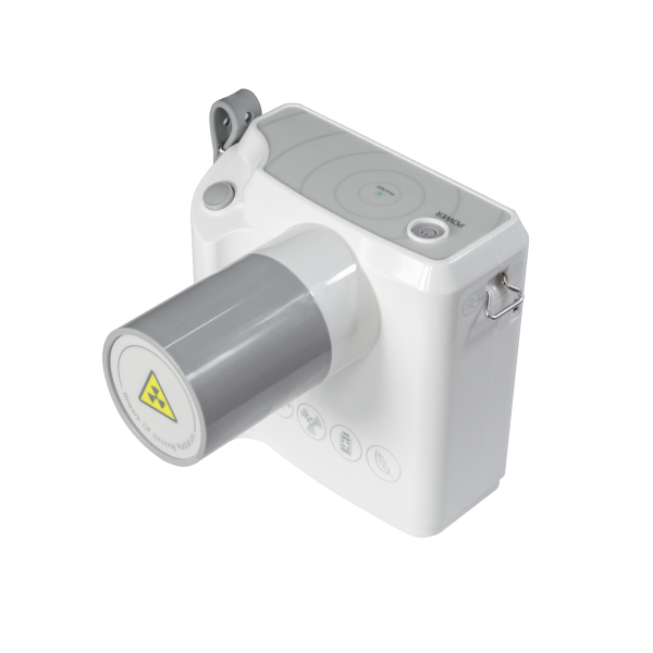 IDEN-X1 portable veterinary dental X-ray unit — 3/4 view with tube and wrist strap