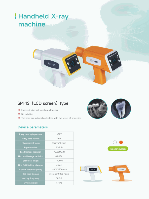 IDEN-X4 specification brochure — SM-1S handheld dental X-ray unit, two colour options