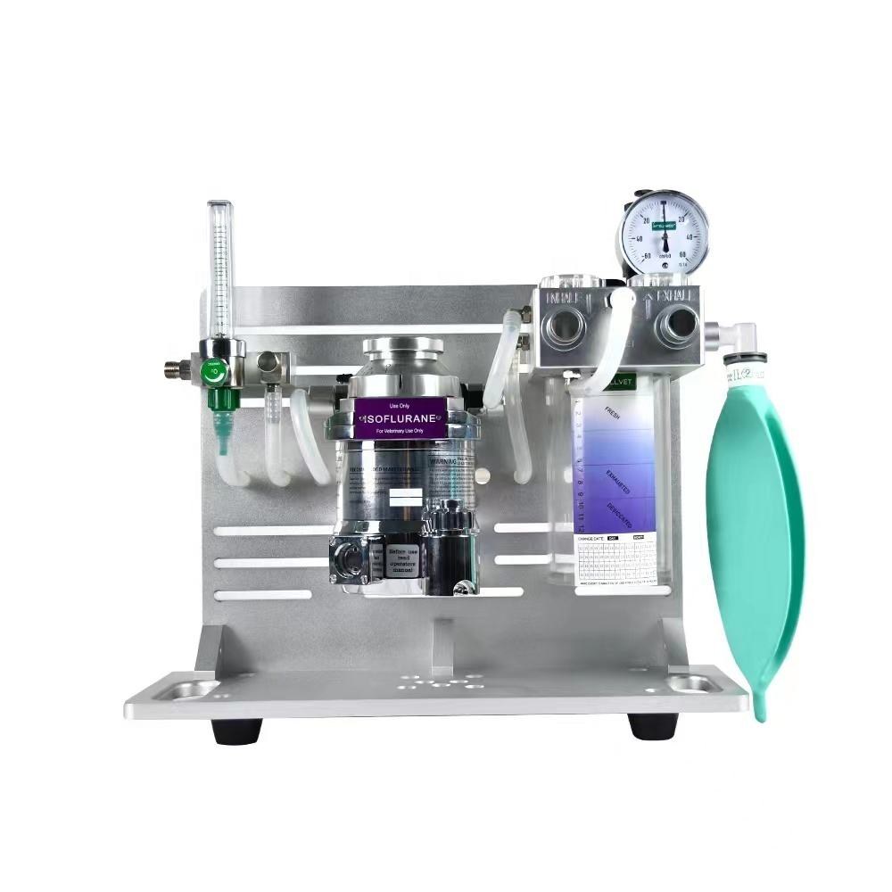 IWA-ANE101 portable veterinary anesthesia machine - tabletop unit with isoflurane vaporizer, oxygen flow meter, pressure gauge, dual circuit ports and green reservoir bag