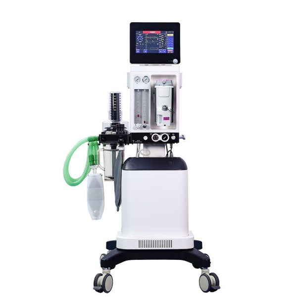 IWA-ANE200 advanced veterinary anesthesia workstation - mobile cart with touchscreen monitor, vaporizer, flow meter and patient breathing circuit