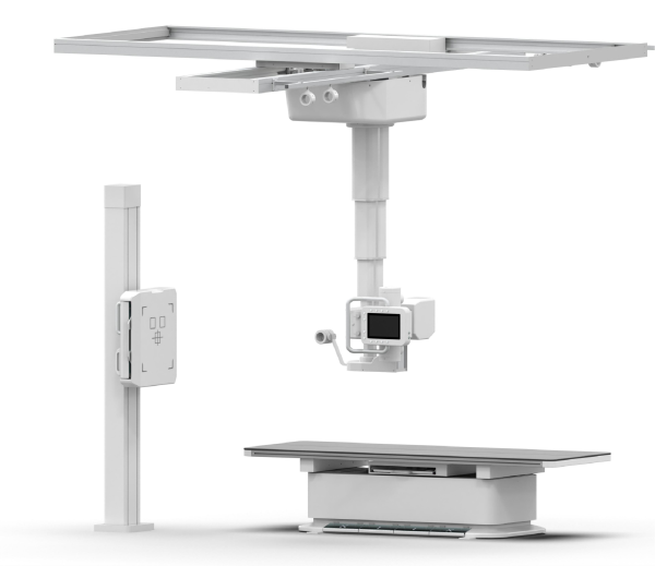 iVision-1000X ceiling-suspended tube + vertical bucky stand + X-ray table — full-suite DR configuration