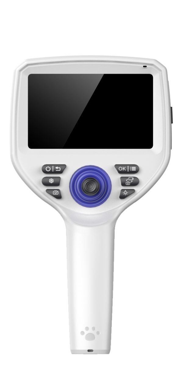SA-Pro veterinary endoscope handpiece — front face view showing 5-inch display and joystick control