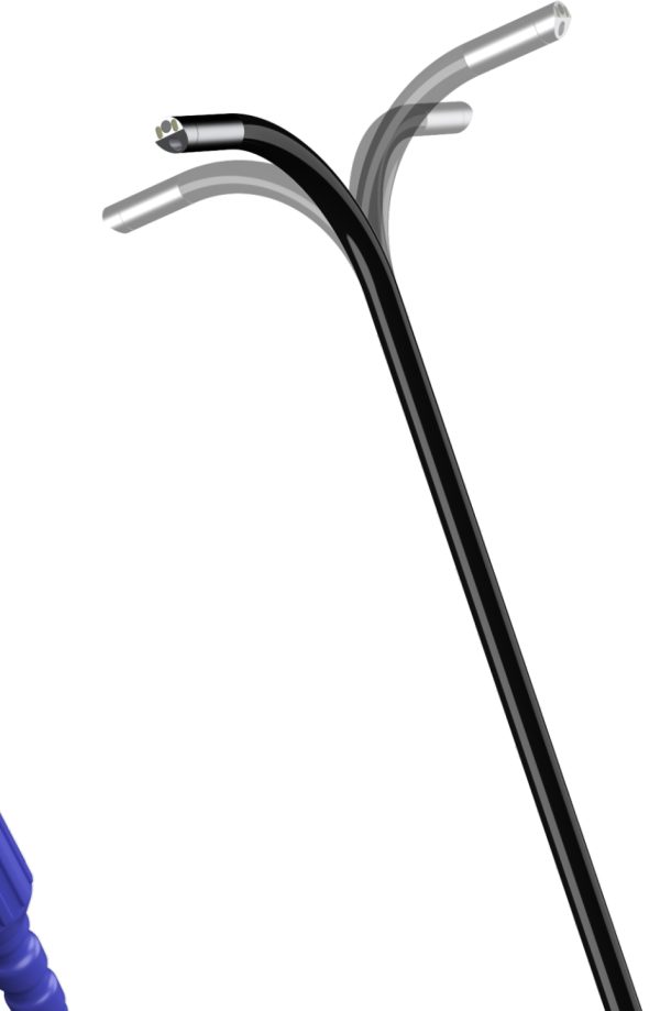 SOAIM SA Series flexible endoscope tip — 360° omnidirectional steering, 180°–210° bending angle illustration