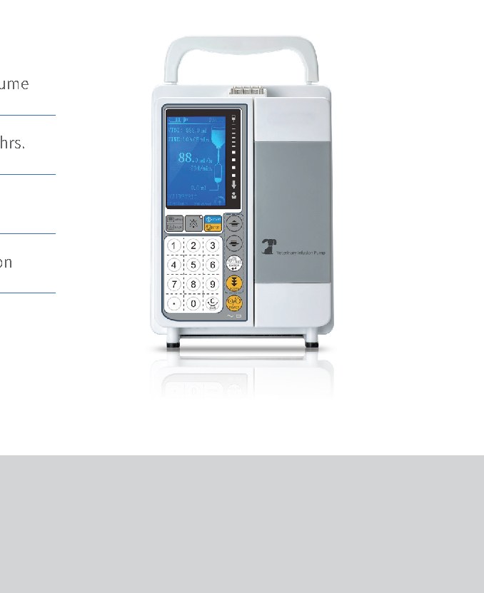 IWA-IP10 兽用输液泵正视图——3.2 寸彩色 LCD、数字键盘、BOLUS/START/STOP 按键、顶部把手与一体化输液器加载门