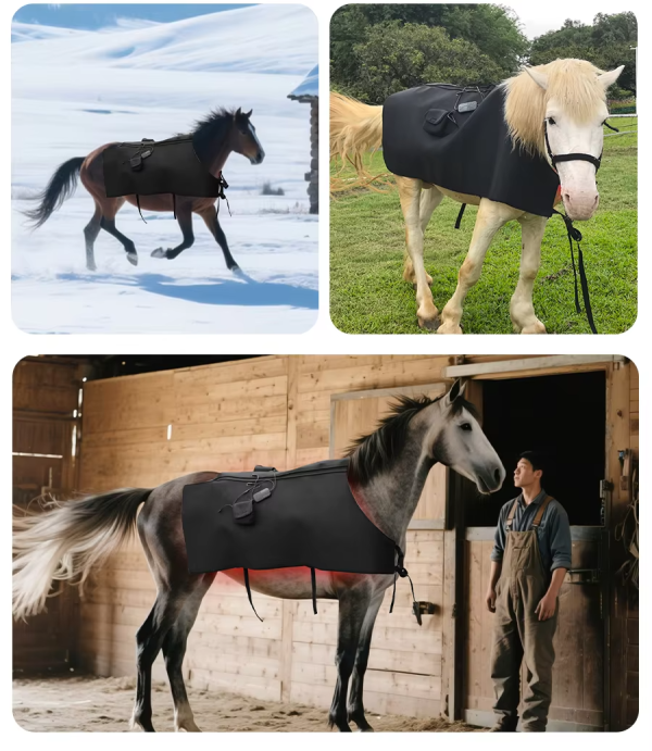 IWA-RLT10 wireless red light therapy blanket fitted on multiple equine patients
