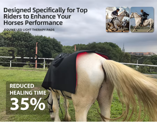 IWA-RLT10 — equine red light therapy blanket worn during conditioning warm-up