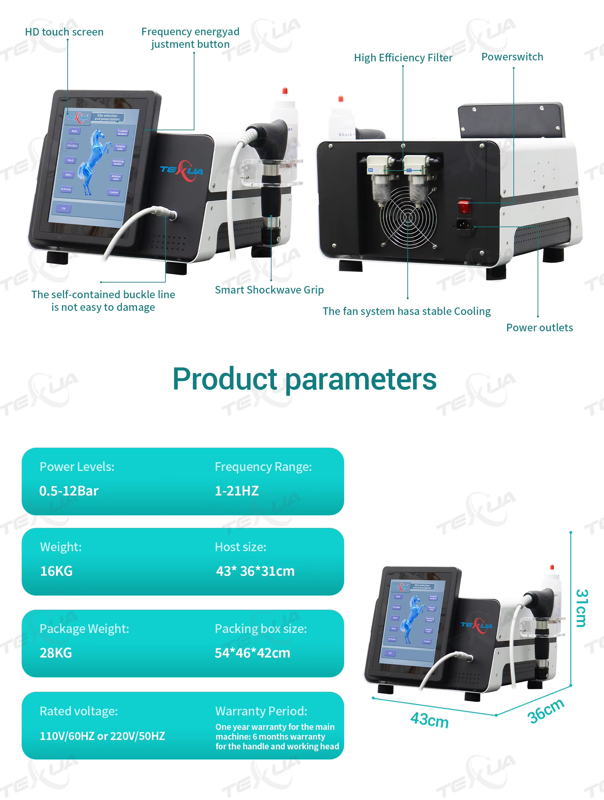 IWA-SWT10 紧凑便携气动冲击波治疗系统（12 Bar） — specs overview