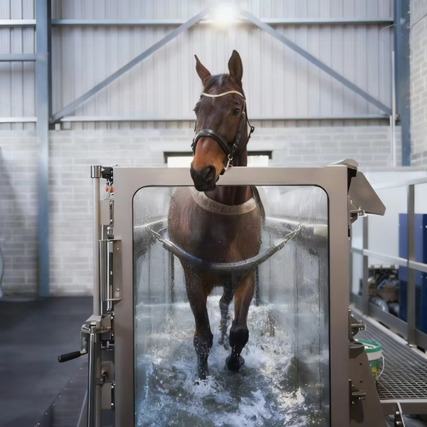 IWA-TM10 — horse in underwater treadmill, side view through transparent panel