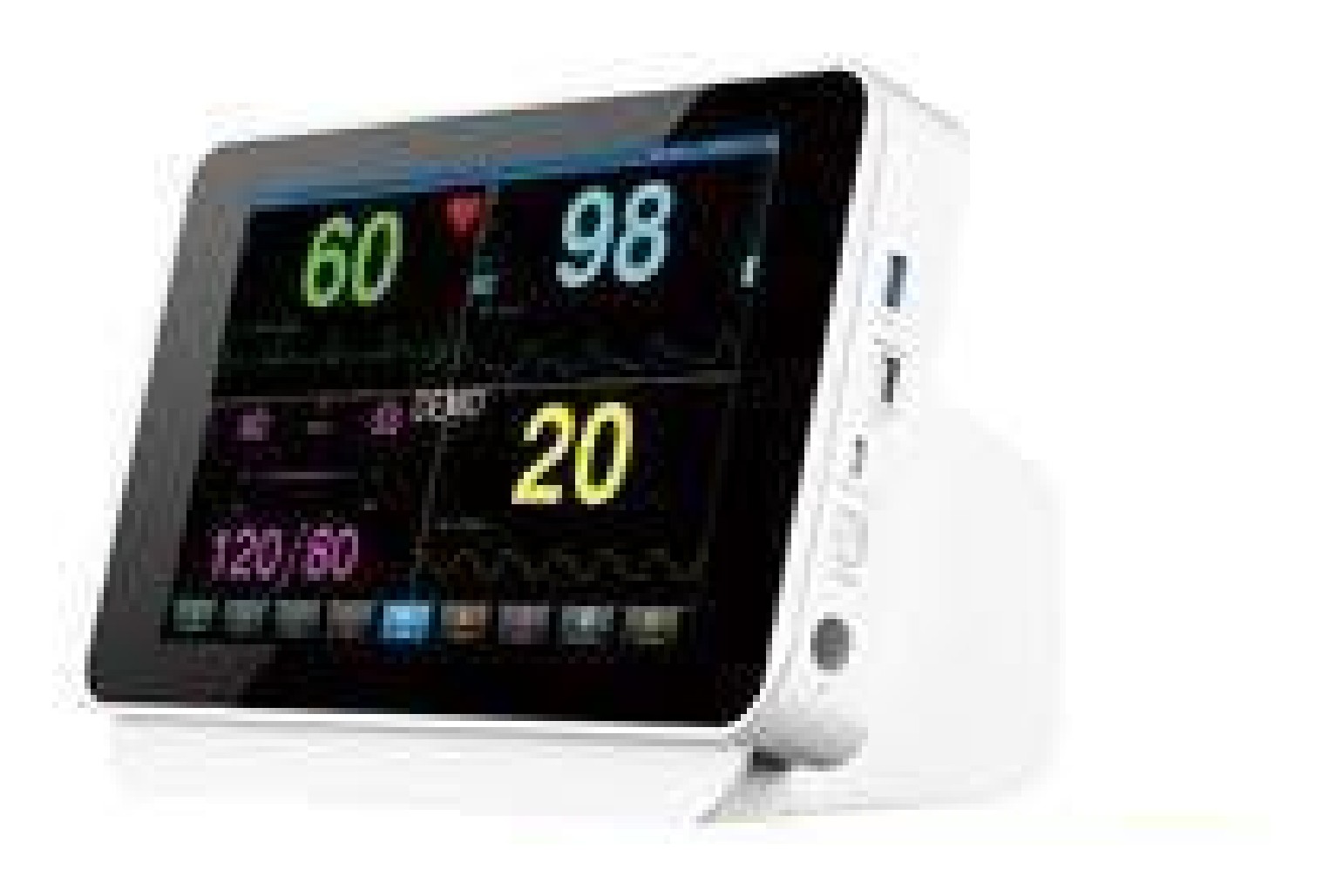 IWA-VM11 10.1-inch portable veterinary multi-parameter monitor - front view of large-font touch screen showing heart rate, SpO2, respiration and NIBP readings, with side data ports and hidden lift handle