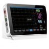 IWA-VM11 veterinary monitor - angled view showing full ECG waveform display and left-side electrode connection ports for ECG, SpO2, NIBP and temperature